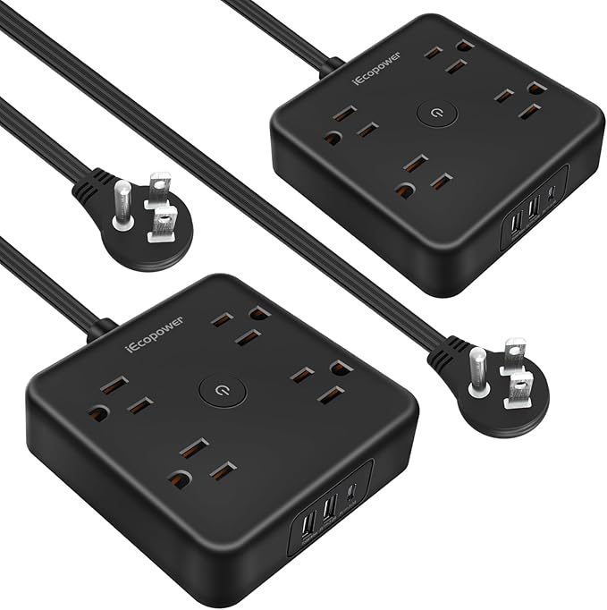 Ultra Flat Plug Surge Protector Power Strip 10 ft Cord,Long Power Strip with 4 Widely Outlets, Thin Extension Cord with 3 USB Ports(1 USB C Port),Slim Desk Charging Station,Black(2 Pack)
