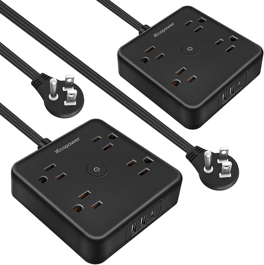 Ultra Flat Plug Surge Protector Power Strip 10 ft Cord,Long Power Strip with 4 Widely Outlets, Thin Extension Cord with 3 USB Ports(1 USB C Port),Slim Desk Charging Station,Black(2 Pack)