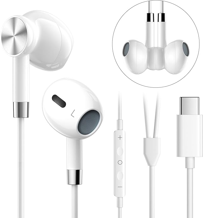 USB C Headphones for iPhone 16e 15, Wired Earphones with Mic & Volume Control,Wired Headphones for iPhone 16/16Plus/16Pro/16Pro Max/for iPad Pro/for Samsung S25/S24/S23 Earbuds