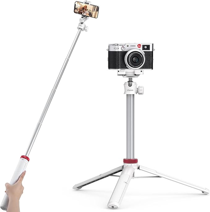 ULANZI MT-44 Extendable Phone Tripod, 59" Selfie Stick Portable Vlog Tripod Stand with 2 in 1 Phone Clip 1/4" Screw, 360° Ball Head Camera Tripod for DJI Pocket Sony Canon Action Fujifilm, White
