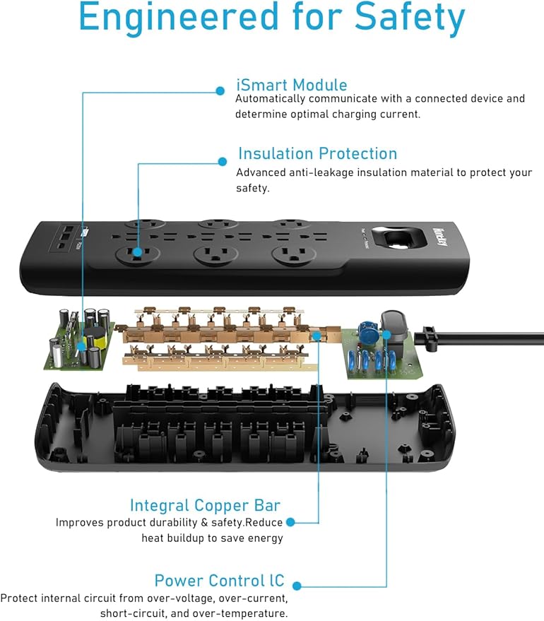 Surge Protector Power Strip (3480J), Huntkey 12 Outlets with 2 USB A Ports and 20W USB C Power Delivery Charging, 6ft Flat Plug, Heavy-Duty Extension Cord for Home, Office, Dorm Essential, ETL Listed