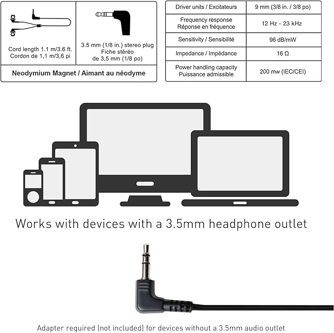 Panasonic ErgoFit Wired Earbuds, 3.5mm Jack In-Ear Headphones with Dynamic Crystal-Clear Sound and Soft Ergonomic Custom-Fit Earpieces (S/M/L), for Phones and Laptops - RP-HJE120-KA (Matte Black)