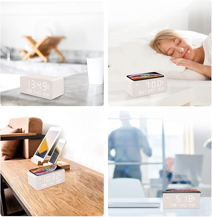 Andoolex Wooden Digital Alarm Clock with Wireless Charging, 0-100% Adjustable Brightness Dimmer and Volume, Weekday/Weekend Mode, Dual Alarm, Snooze, 12/24H, Wood LED Clock for Bedroom (White)