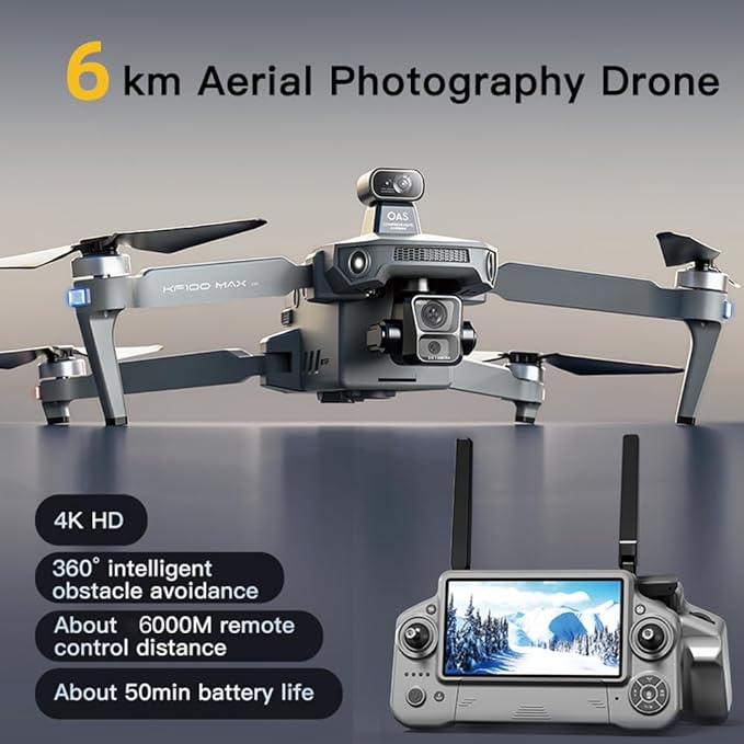 Drone with 4K Camera for Adults, KF100 MAX, 360-degree obstacle avoidance, 3-Axis Gimbal Stabilization, 6 KM Transmission, Intelligent Brushless Quadcopter, 50 Min Long Flight Time, 3 Batteries