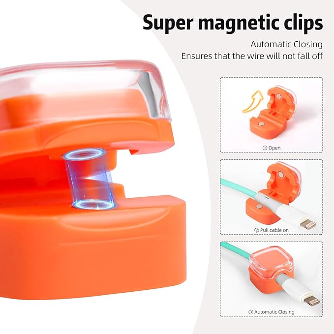 Magnetic Cable Clips Cord Organizer Holder, 6 Pack Adhesive Wire Holder Keeper Organizer USB Charging Cable Storage Holder for Home Office Phone Car Wall Desktop Nightstand Kitchen (Orange)