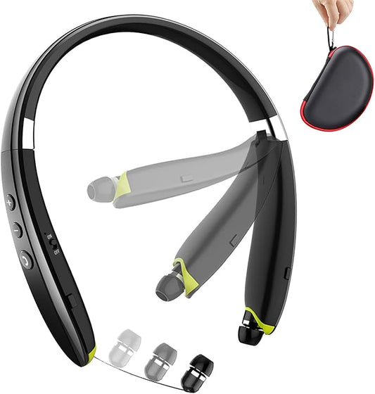 Bluetooth Headphones, Upgraded Foldable Wireless Neckband Headset with Retractable Earbuds, Noise Cancelling Stereo Earphones with Mic for Workout, Running, Driving (with Carry Case)