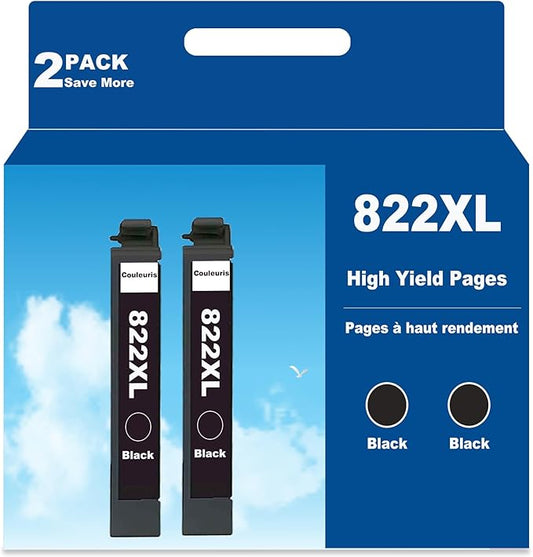 Remanufactured 822XL Ink Cartridge Replacement for 822 822 XL T822XL Black for Workfore Pro WF-3820 Printer WF-4820 WF-4830 WF-4833 WF-3823 Printer (2 Pack, 2 Black)