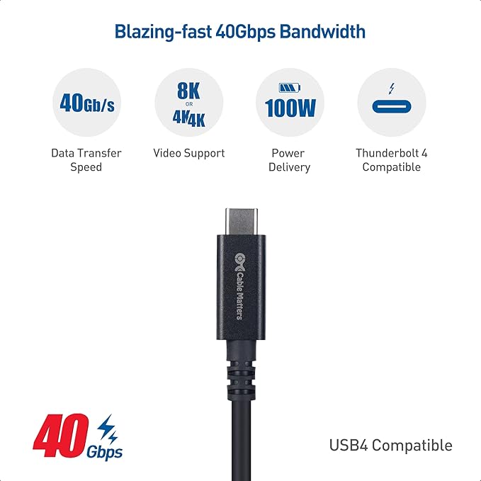 Cable Matters 40Gbps Active USB4 Cable 9.8 ft / 3m, Supports Up to [8K@60Hz / 4K@240Hz Video, 100W Charging, 40Gbps Data Transfer] Compatible with Thunderbolt 4, VR Headset, MacBook, XPS, Surface Pro