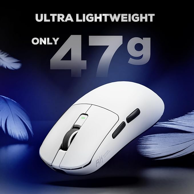 RK ROYAL KLUDGE RK M3 Gaming Mouse with 42000 DPI PAW3950 Optical Sensor 47g Lightweight Tri-Mode 2.4G/USB-C/Bluetooth Wireless Mouse 8000Hz Polling Rate with 5 Programmable Buttons White