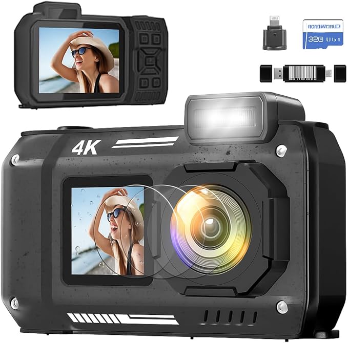 4K Waterproof Digital Camera Snorkeling: 65MP 33FT Compact Rugged Underwater Camera Dual-Screen with 18X Zoom 64GB Card & 2500 mAh Battery for Outdoor Scuba Diving Swimming Black