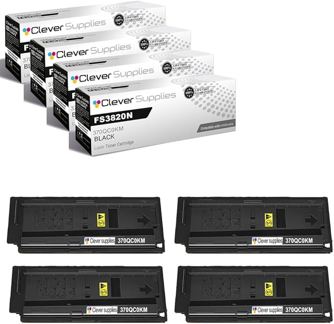 Clever Supplies CS Replacement Compatible with Kyocera FS3820N Toner Cartridge 370QC0KM 370QD0KM to use with FS1920 FS3820 FS3830N (Black, 4-Pack)