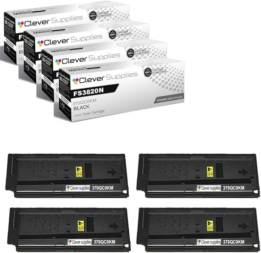 Clever Supplies CS Replacement Compatible with Kyocera FS3820N Toner Cartridge 370QC0KM 370QD0KM to use with FS1920 FS3820 FS3830N (Black, 4-Pack)