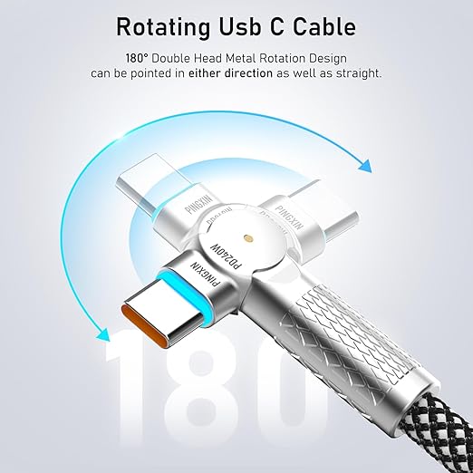 USB C to USB C Cable 6.6ft 240W, 180°Rotating USB C Cable Braided Type C Charger Cable Fast Charge for iPhone 16/16Pro/16Plus/16ProMax,MacBook Air,iPad Pro,Pixel,Samsung Galaxy S23/S24 Ultra-Black