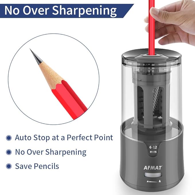 AFMAT PS91 Electric Pencil Sharpener, Heavy Duty Pencil Sharpeners for 6-12mm No.2/Colored Pencils, Auto Stop, Super Sharp & Fast, Electric Pencil Sharpener Plug in for Office, Home - Gray