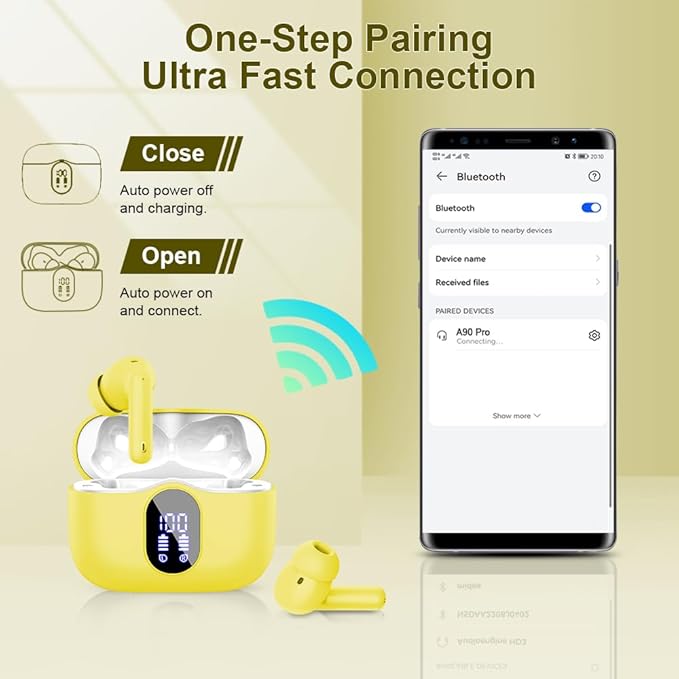 Wireless Earbuds, Bluetooth 5.4 Headphones Bass Stereo, Ear Buds with Noise Cancelling Mic LED Display, IP7 Waterproof in Ear Earphones, 36H Playtime for Laptop Pad Phones Sports Workout, Yellow