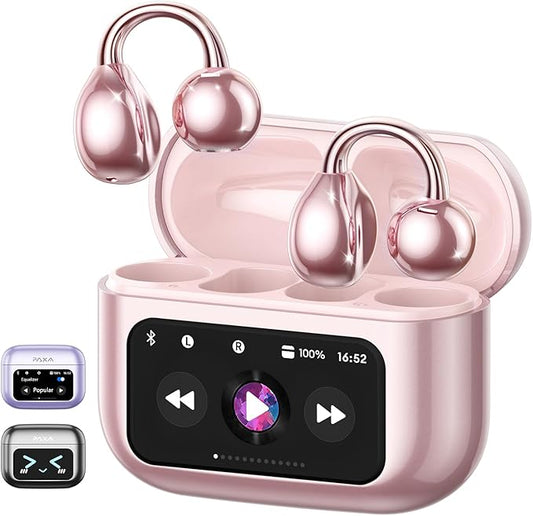 PAXA Clip On Open Ear Earbuds Wireless Bluetooth 5.4, Clip On Earbuds with LCD Touchscreen, Lightweight Comfort Open Ear Headphones for Sports, Fitness, and Workouts, Rose Gold M100