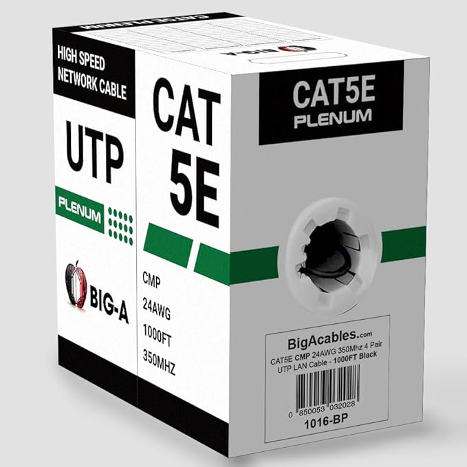 Big-A - 1000ft Cat5e Plenum Ethernet Cable, Black, 350MHz, 24AWG UTP, CMP Rated, Solid Network LAN Cord, Compatible with Printer, Gaming Consoles, Router, VoIP Phones, POE IP Cameras