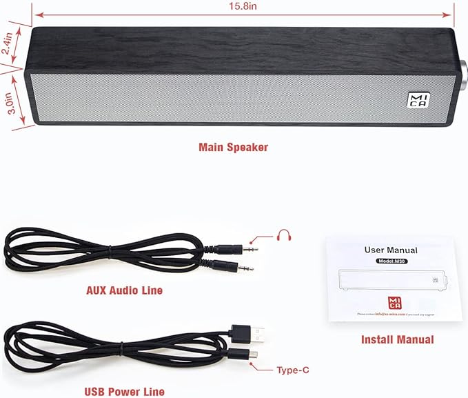 MICA Bluetooth Computer Speakers, Angled Wooden PC Speakers, 3.5mm Aux-in Connection, Wired USB Powered Computer Sound Bar for Desktop Monitor, Laptop, Tablet - Gray (M30T)