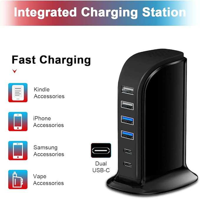 USB C Charger Block Upoy, Chargers for Multiple Devices Dual Type C 45W Total, 6 Ports USB Charging Station for iPhone, Ipad, Iwatch, Desk Accessories & Workspace Organizers