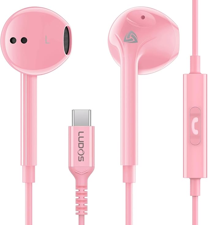 LUDOS Zenith USB C Headphones for iPhone 17 16 15 Pro Max Plus Air iPad Pro Air, 2 Years Warranty, USB-C Earbuds for Samsung Galaxy S24 S23 Ultra S22 S21 S20 A55 A54 A53, USB Type C Earphones - Pink