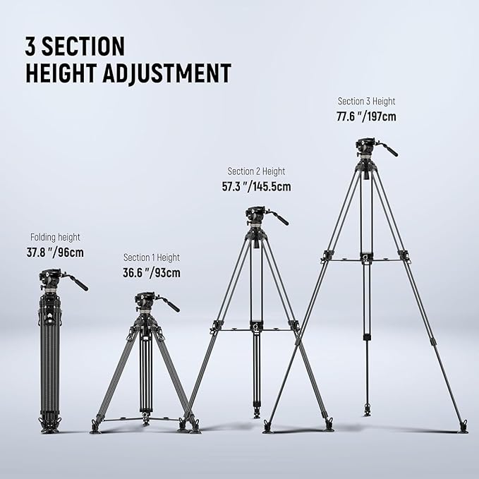 NEEWER 78" Carbon Fiber Video Tripod with Fluid Head, One Step Release Lock Tripod with 6 Level Dynamic Counterbalance, 4 Level Pan/Tilt Damping, Mid Spreader, Dual Mode QR Plate, Max Load 18lb, LL55