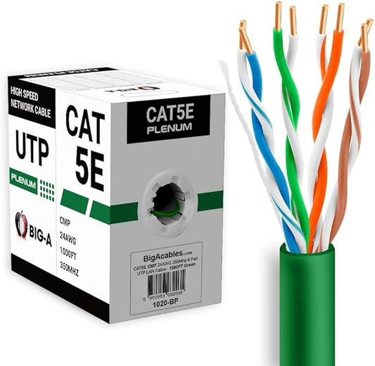 Big-A - 1000ft Cat5e Plenum Ethernet Cable, Green, 350MHz, 24AWG UTP, CMP Rated, Solid Network LAN Cord, Compatible with Printer, Gaming Consoles, Router, VoIP Phones, POE IP Cameras