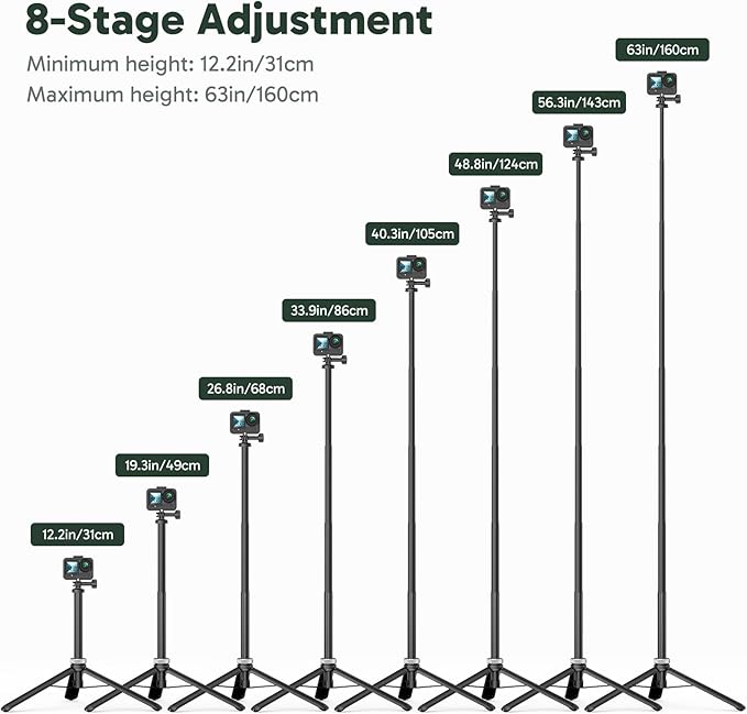 AKASO 160cm Selfie Stick Extendable Tripod Stand for GoPro Hero 13/12/11/10/9/Max, DJI Osmo Action 5/4/3, AKASO EK7000/Brave 4/Brave 7 LE Action Cameras and Other ODDV, ICEFOX Action Cameras
