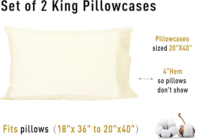 Sunflower King Pillowcases Set of 2, 100% Cotton King Size Pillow Cases 2, 20×40 inches Light Beige, Soft and Breathable
