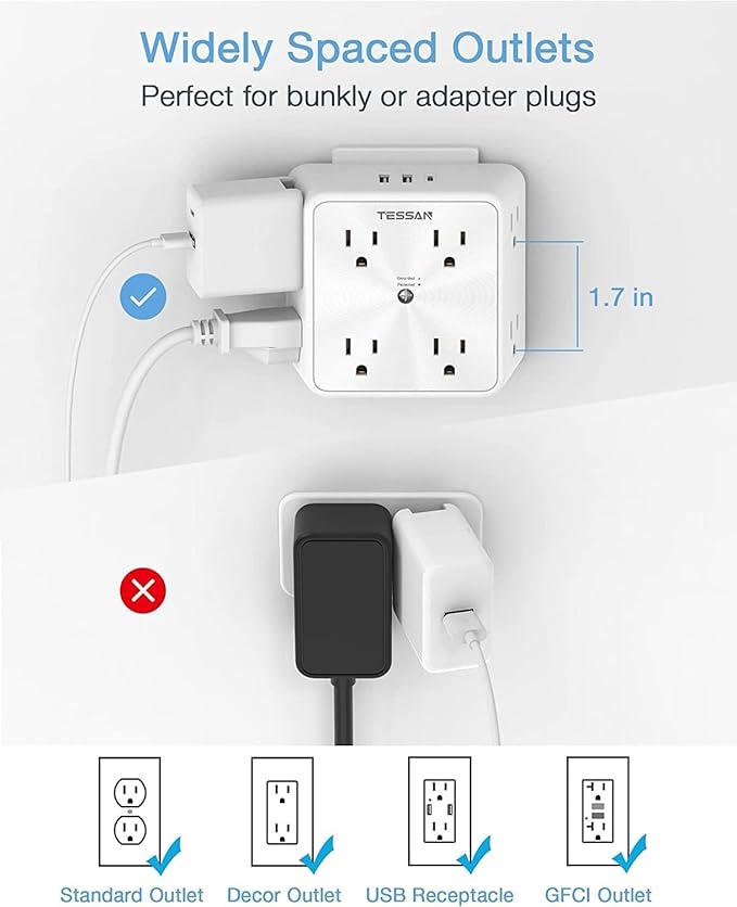 Surge Protector 8 Outlet Extender, TESSAN Multi Outlet Splitter with 3 USB Wall Charger (1 USB C Port), 3-Sided Multiple Plug Power Strip 1700J, Charging Station for Home Office Dorm Room