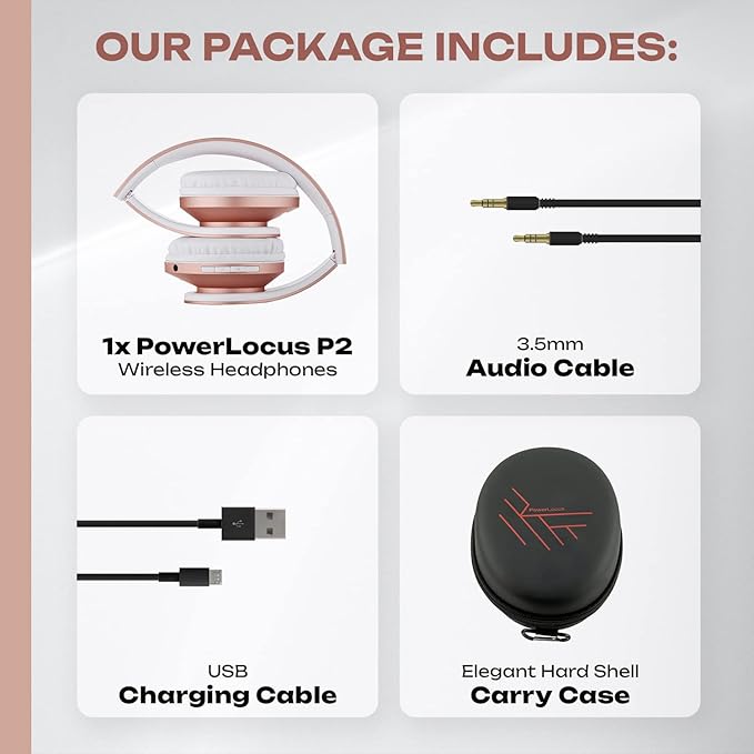 PowerLocus Bluetooth Over-Ear Headphones, Wireless Stereo Foldable Headphones Wireless and Wired Headsets with Built-in Mic, Micro SD/TF, FM for iPhone/Samsung/iPad/PC (Rose Gold)