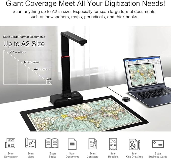 VIISAN Large Format Book & Document Scanner, Capture Size A2/A3, 26MP USB Document Camera with Auto-Flatten, Fingerprint Removal Technologies, Multi-Language OCR, Compatible with Windows & macOS