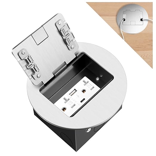 Vagueior Recessed Floor Electrical Outlet Kit, Circular Hidden 4.8A USB A & Type C Charg,20 Amp Tamper-Resistant Receptacle Outlet ，Waterproof Electrical Outlet Covcer Box, UL Certified,Silver