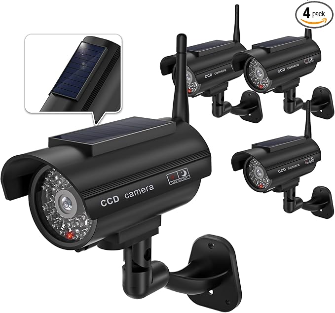 WALI Dummy Fake Camera, Solar Powered Fake Security Camera with LED Light, Simulated Surveillance Security CCTV Dome Cameras with Antenna and Warning Sticker Indoor Outdoor (SOL-TCB4), 4 Packs, Black