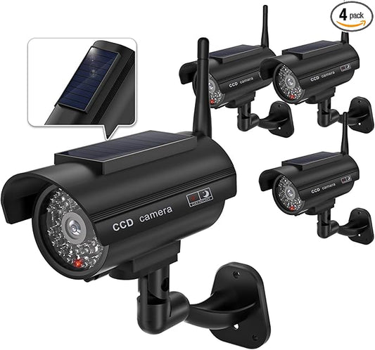 WALI Dummy Fake Camera, Solar Powered Fake Security Camera with LED Light, Simulated Surveillance Security CCTV Dome Cameras with Antenna and Warning Sticker Indoor Outdoor (SOL-TCB4), 4 Packs, Black