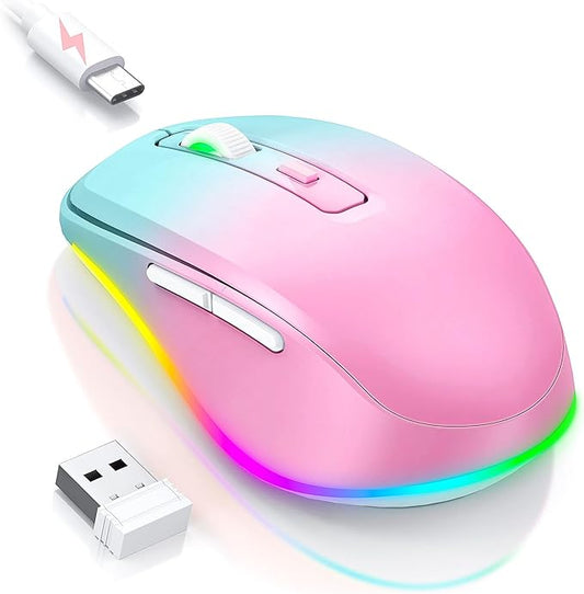 Wireless Mouse Jiggler - LED Wireless Mice with Build-in Mouse Jiggler Mover, Rechargeable Moving Mouse for Computer with Undetectable Random Movement Keeps Computer Awake - Gradient Pink