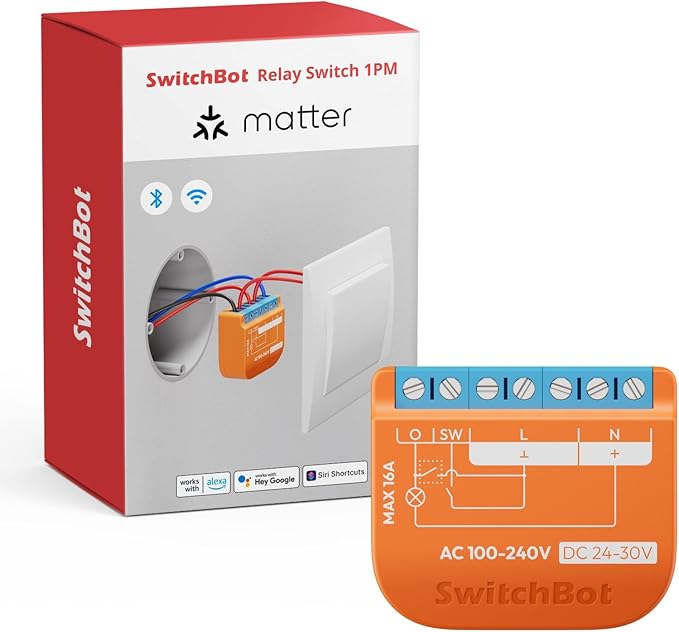 SwitchBot Smart Relay Switch 1PM, Power Metering Smart Relay Module with Built-in Bluetooth Repeater, Wi-Fi&Bluetooth Switch Works with Alexa/Apple Home/Google Home/Matter Hub Required, 2.4GHz