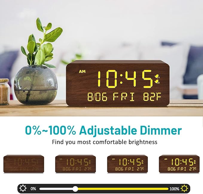 Andoolex Wooden Digital Alarm Clock with Wireless Charging, 0-100% Adjustable Brightness Dimmer and Alarm Volume, Weekday/Weekend Mode, Dual Alarm, Snooze, 12/24H, Wood LED Clock for Bedroom (Brown)