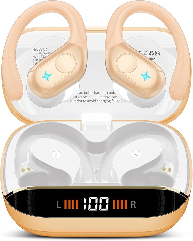 Wireless Earbuds Bluetooth 5.4 Headphones 75H Stereo Deep Bass Sports Over Ear Buds with Earhooks, LED Display Bluetooth Earbuds with 4 ENC Mic, IP7 Waterproof Earphone for Running, Khaki