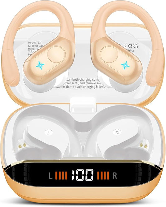 Wireless Earbuds Bluetooth 5.4 Headphones 75H Stereo Deep Bass Sports Over Ear Buds with Earhooks, LED Display Bluetooth Earbuds with 4 ENC Mic, IP7 Waterproof Earphone for Running, Khaki