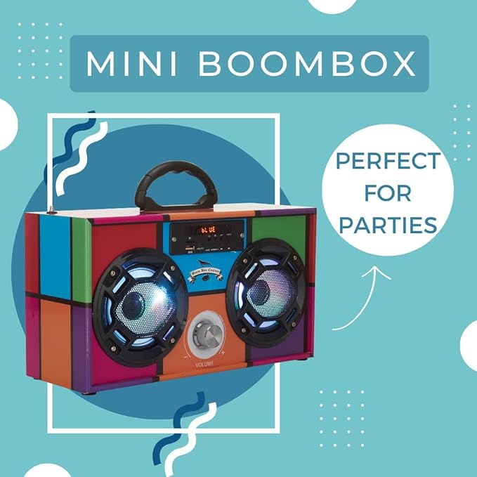 Mini Boombox with LED Speakers – Retro Bluetooth Speaker w/Enhanced FM Radio - Perfect for Home and Outdoor (Retro)