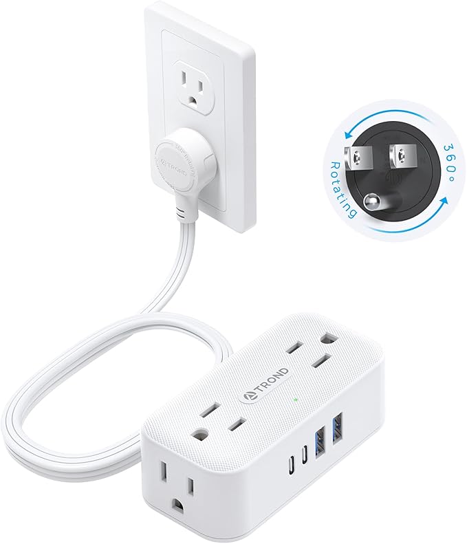 TROND 360° Rotating Flat Plug Power Strip, 5FT Extension Cord with 4 USB Ports, 4 Wide Spaced AC Outlets, Wall Mount, 900J Surge Protector for Office Travel Dorm Room Essentials, White