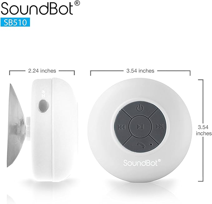 SoundBot® SB510 HD Water Resistant Bluetooth 4.0 Shower Speaker, Handsfree Portable Speakerphone with Built-in Mic, 6hrs of Playtime, Control Buttons and Dedicated Suction Cup for Showers (White)