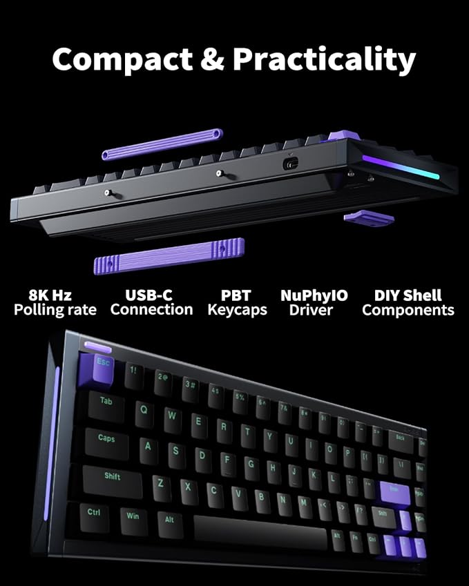 NuPhyX BH65 All-Aluminum Magnetic Switch Hot Swappable Gaming Keyboard,65% 68keys Adjustable Actuation Rapid Trigger Wired Custom Hall Effect Keyboard,PBT keycaps,8K Hz Polling Rate