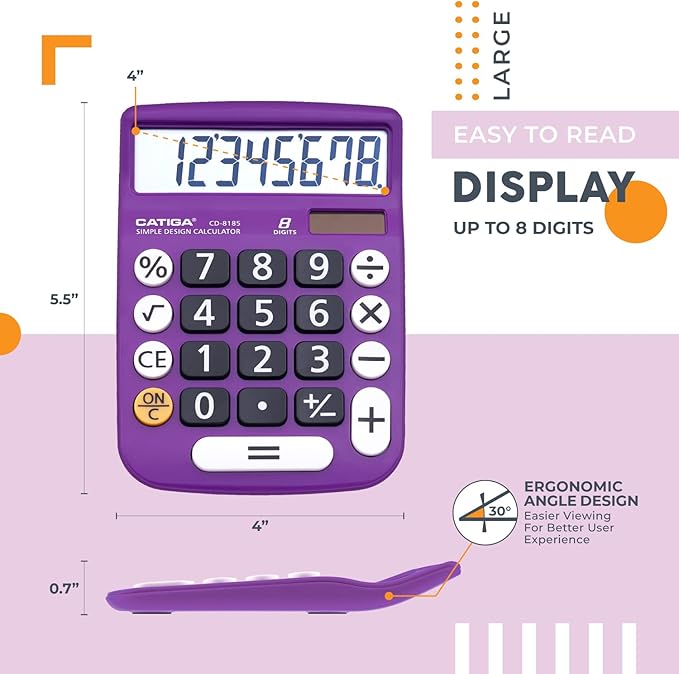 CATIGA Desktop Calculator 8 Digit with Solar Power and LCD Display, or Home, Office, School, Class and Business, 4 Function Small Basic