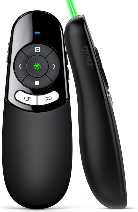 DINOSTRIKE USB A and USB C Presentation Clicker Green Light, RF 2.4GHz Wireless Presenter Remote Powerpoint Clicker Slide Advancer for Mac Laptop Computer Office Classroom