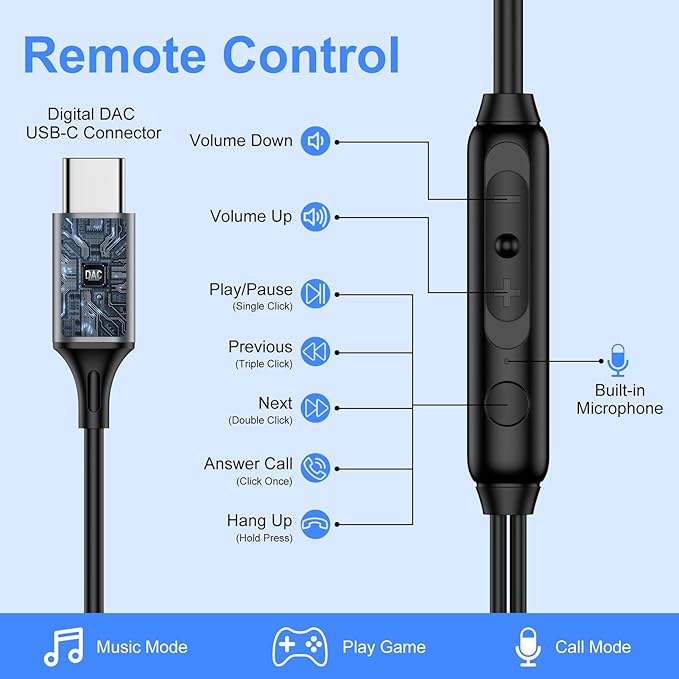 Type C Earbuds Wired Headphones for iPhone 16e 17/16 Pro Max/16 Pro/16 Plus/16/15,USB C Earphones Noise Canceling Earbuds with Mic & Remote for Samsung Galaxy S25 Ultra S24 FE S23 A17 A16 A36,Pixel 10