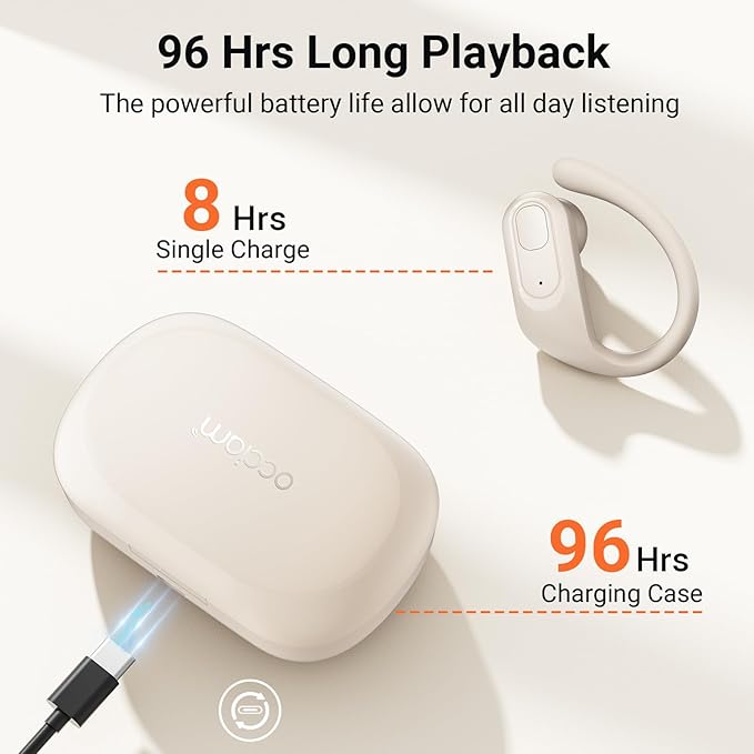 occiam Wireless Earbuds Bluetooth Headphones Ear Buds 96Hrs Playback Sport Over-Ear Waterproof Wireless Headphones Earphones with Earhooks ENC Mics Clear Call for Sport Running Workout (Ivory)