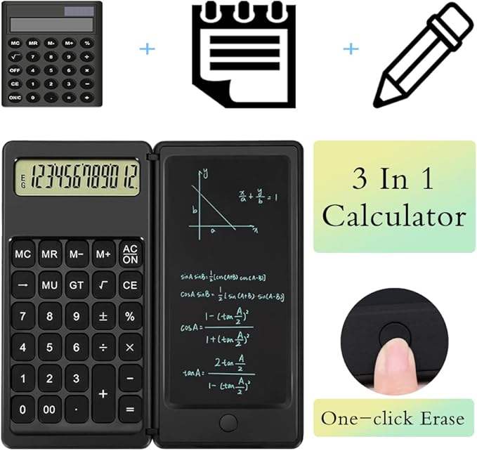 Desk Calculator, Desktop Small Calculators with Writing Notepad, Basic 4-Function Math Large Button Calculator, School Supplies for Kids, Middle/High School Students (Black)