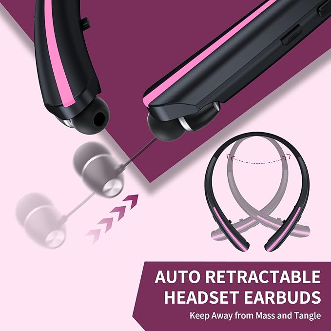 Bluetooth Retractable Headphones Wireless Neckband Headset with Sweatproof Stereo Earbuds for Running/Sports/Driving/Workouts (Black Pink)