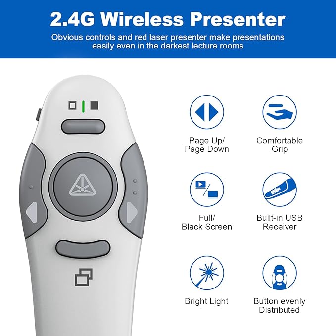 QUI Presentation Clicker Wireless Presenter Remote Clicker for PowerPoint Presentation Remote, PowerPoint Slide Advancer for Mac/Windows/Linux, Google Slide/PPT/Keynote, Type-c, Silver